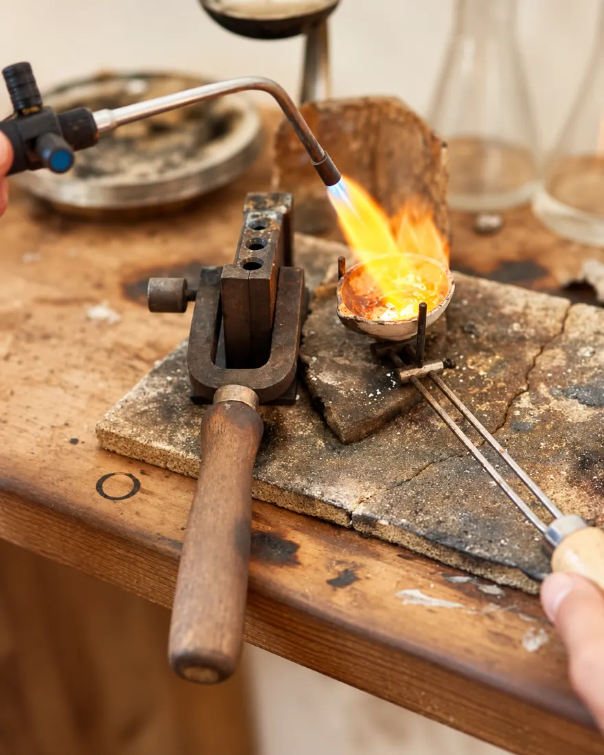 Gold being melted for casting at the workbench
