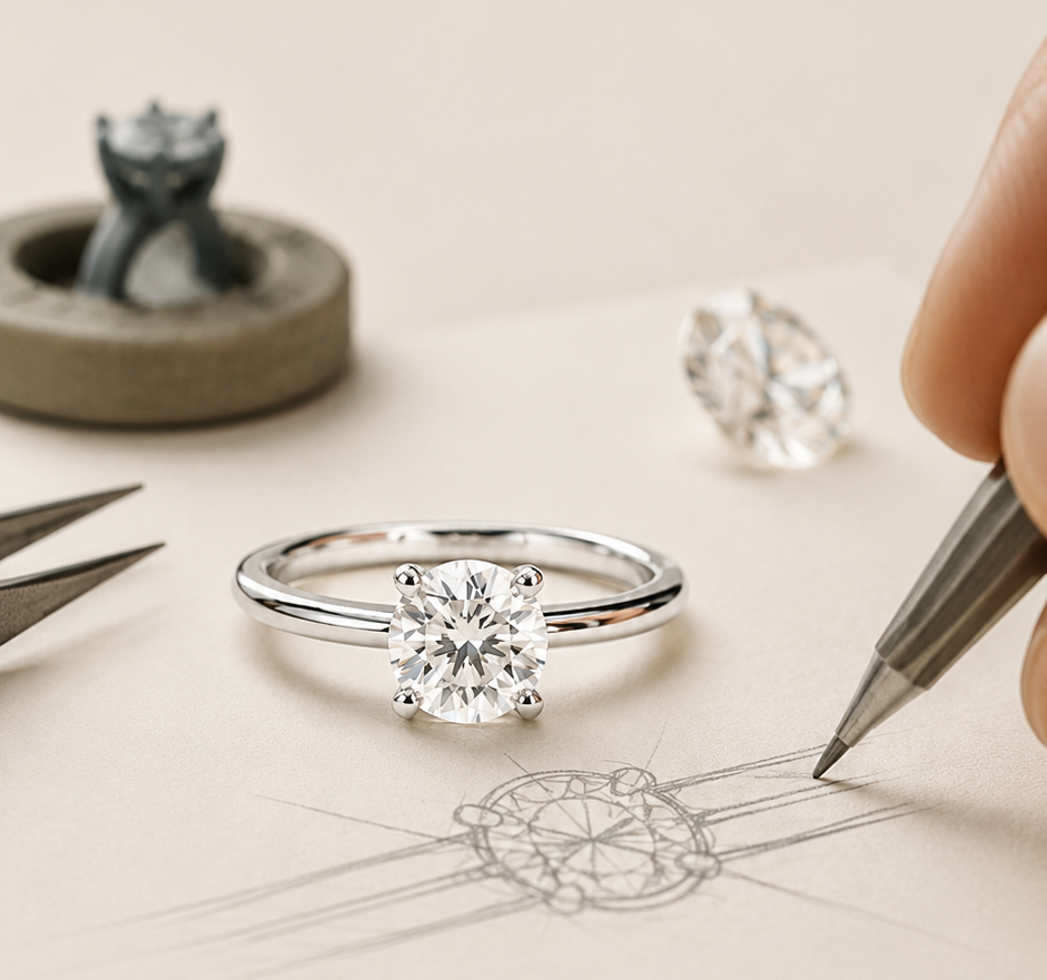 A bespoke diamond engagement ring beside its hand-drawn design sketch at the Maison Facelis atelier